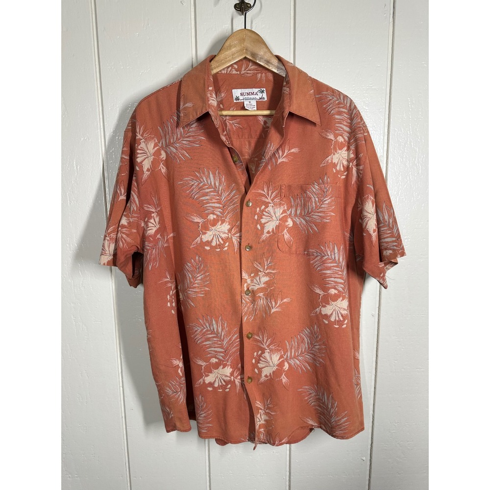 Summa Button Down Men XL Orange Tropical Silk Cotton Floral Aloha Shirt Casual